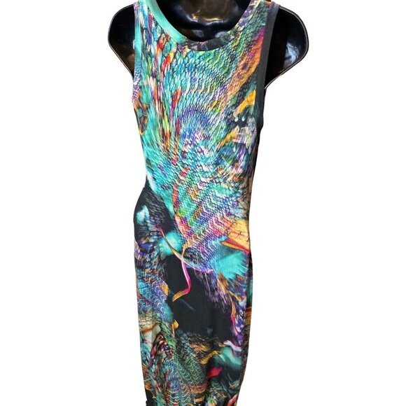 Elaua Kattau Colorful Peacock Sleeveless Maxi Ruched Bodycon Dress - Picture 6 of 8